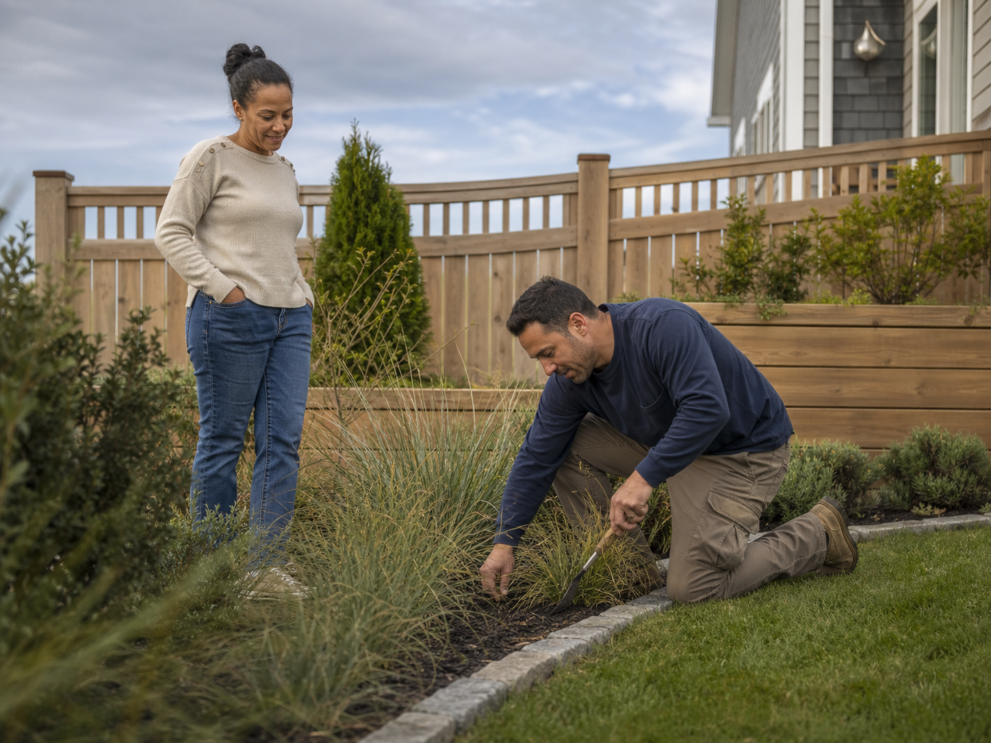 A local landscaping professional working with an Ocean County homeowner